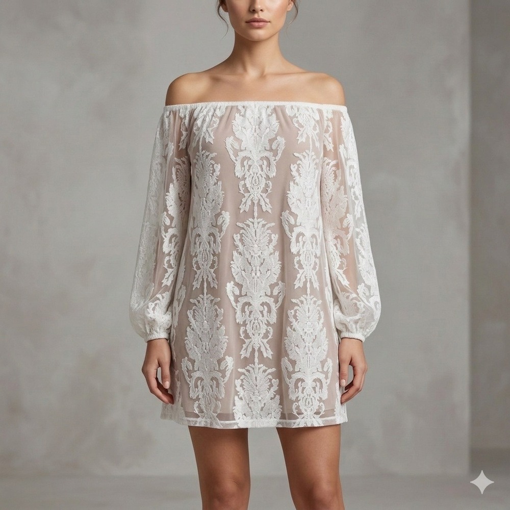 For Love & Lemons White Lace Damask Off Shoulder‎ Mini Dress Nude Lining Medium